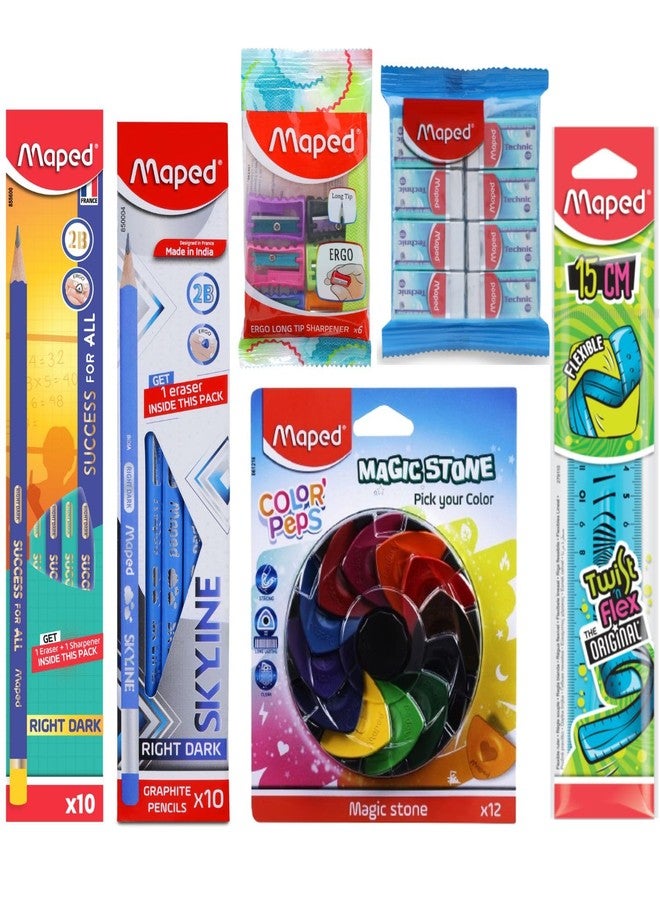 Maped My Study Buddy Kit-Pack of 6| 2 different Style Wooden Pencil set (20pcs), 8pcs Non-toxic Erasers, 6pcs Long tip sharpeners, 15cm Twist & flex scale & 12 Magic Stone|Ultimate School Starter Pack - Image 1